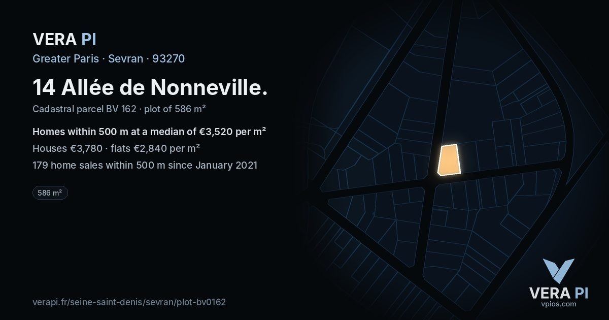 14 Allée de Nonneville, Sevran at night – the plot lit, the parcels around coloured by the prices near them