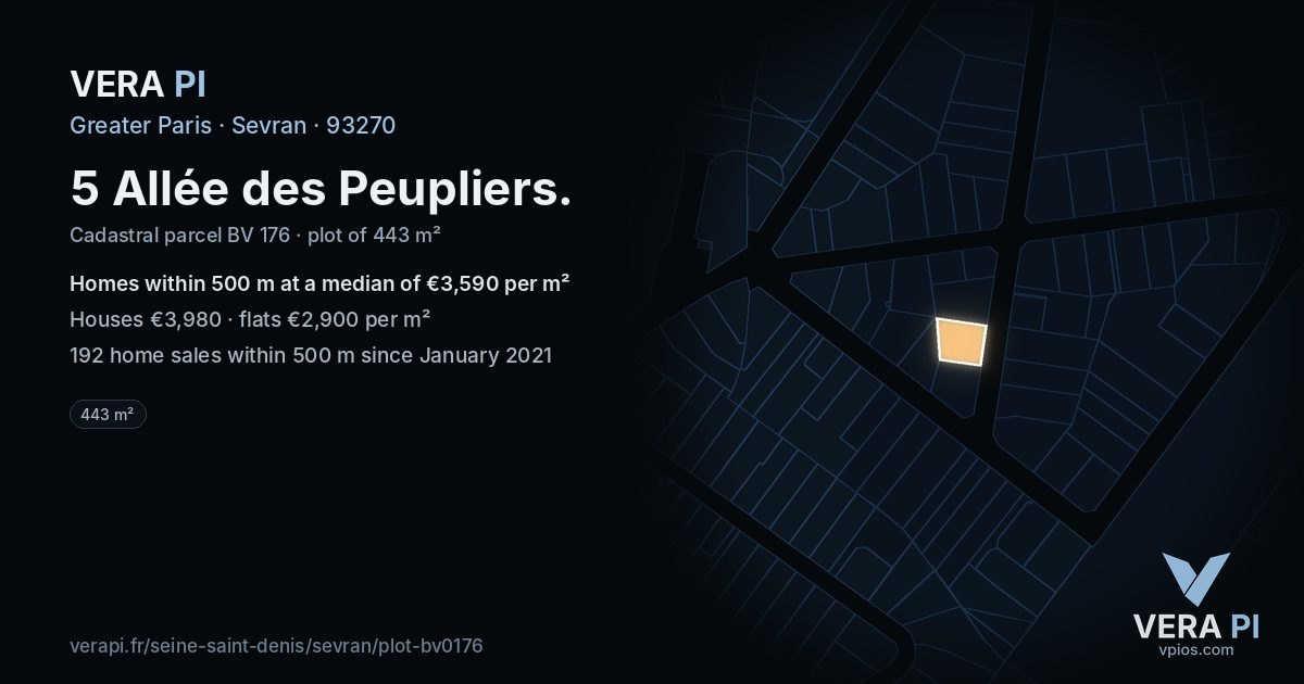 5 Allée des Peupliers, Sevran at night – the plot lit, the parcels around coloured by the prices near them
