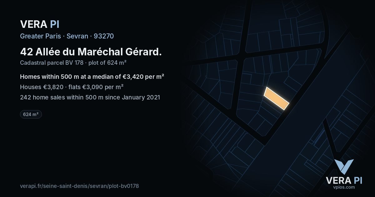 42 Allée du Maréchal Gérard, Sevran at night – the plot lit, the parcels around coloured by the prices near them