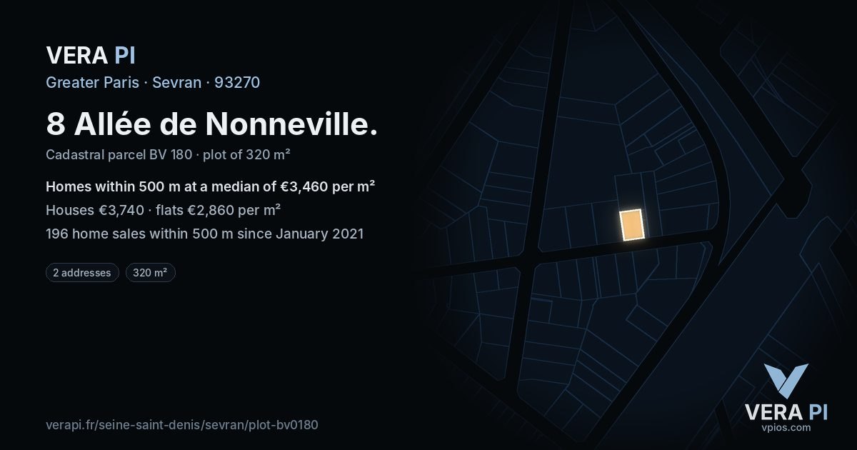 8 Allée de Nonneville, Sevran at night – the plot lit, the parcels around coloured by the prices near them