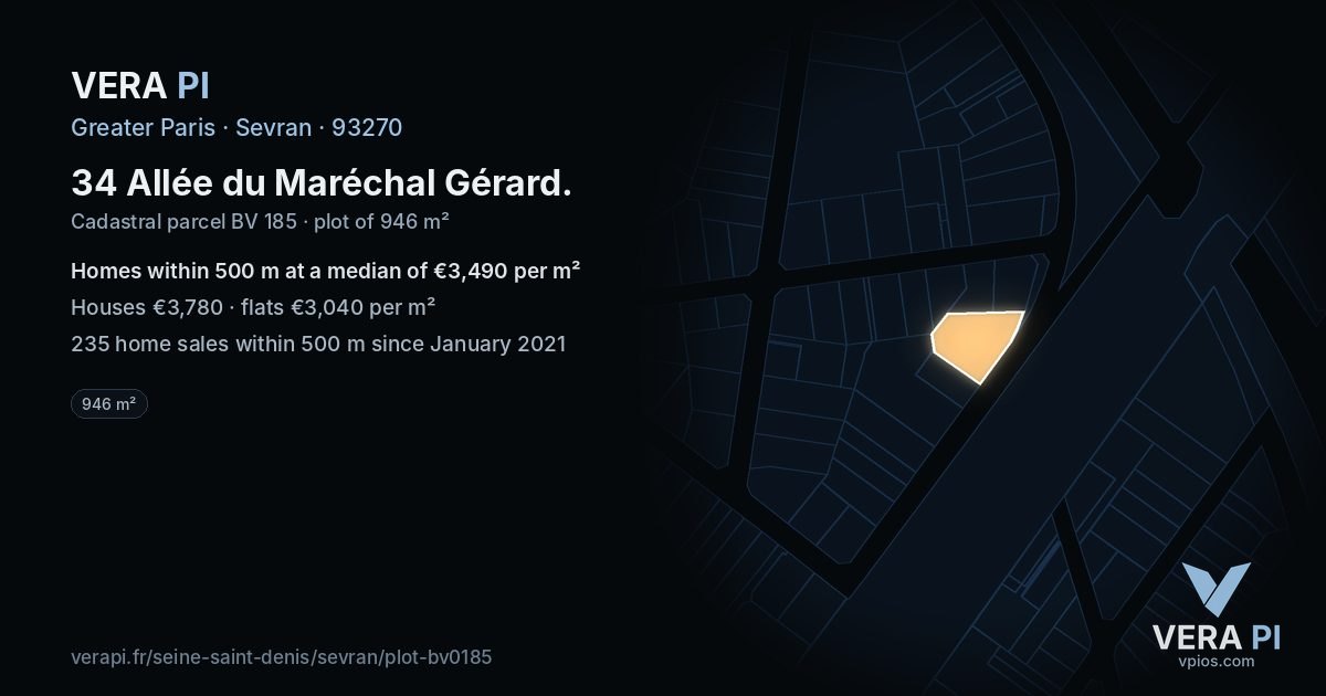34 Allée du Maréchal Gérard, Sevran at night – the plot lit, the parcels around coloured by the prices near them