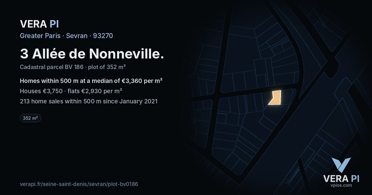 3 Allée de Nonneville, Sevran at night – the plot lit, the parcels around coloured by the prices near them