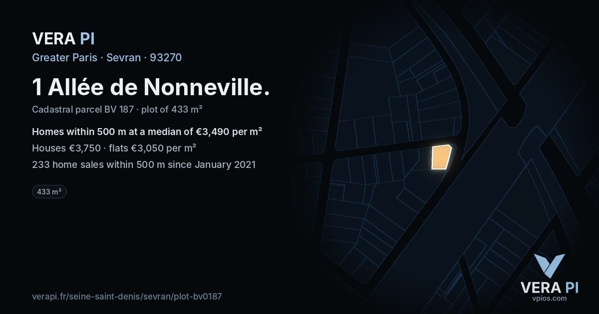 1 Allée de Nonneville, Sevran at night – the plot lit, the parcels around coloured by the prices near them
