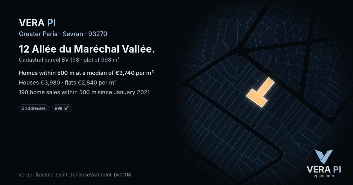 12 Allée du Maréchal Vallée, Sevran at night – the plot lit, the parcels around coloured by the prices near them