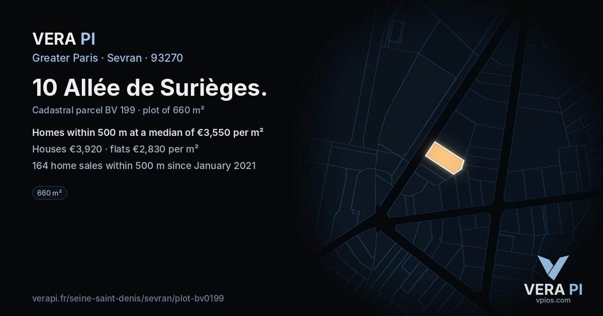 10 Allée de Surièges, Sevran at night – the plot lit, the parcels around coloured by the prices near them