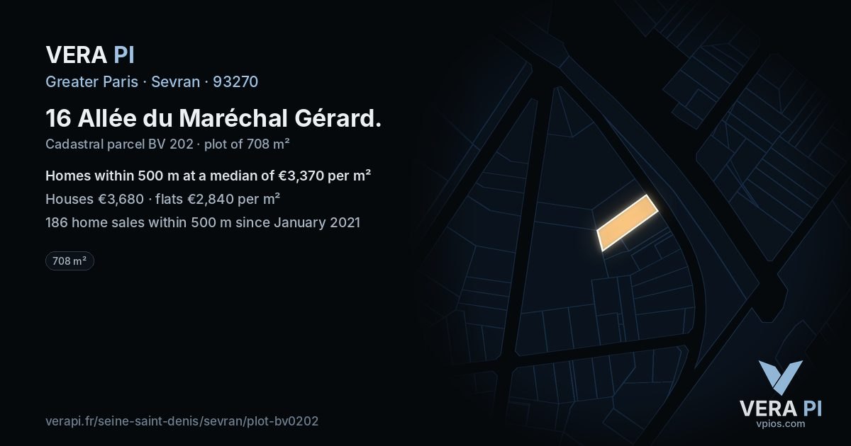 16 Allée du Maréchal Gérard, Sevran at night – the plot lit, the parcels around coloured by the prices near them