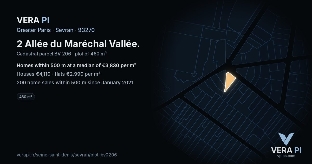 2 Allée du Maréchal Vallée, Sevran at night – the plot lit, the parcels around coloured by the prices near them