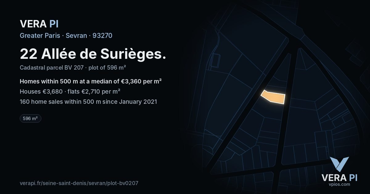 22 Allée de Surièges, Sevran at night – the plot lit, the parcels around coloured by the prices near them