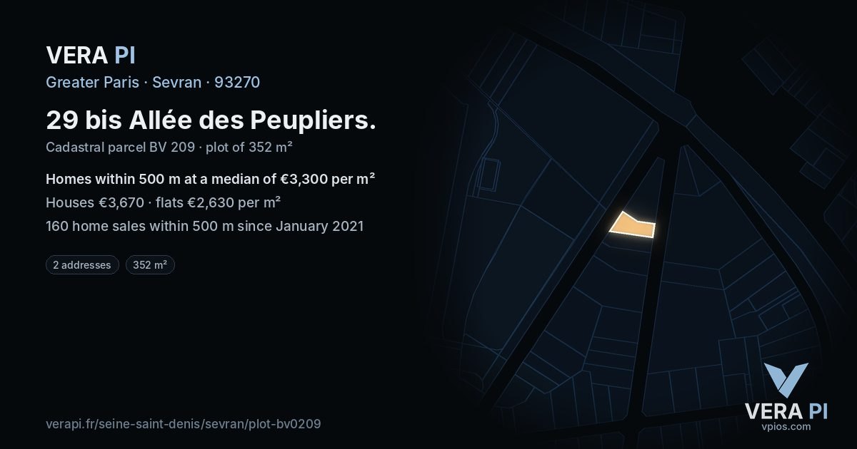29 bis Allée des Peupliers, Sevran at night – the plot lit, the parcels around coloured by the prices near them