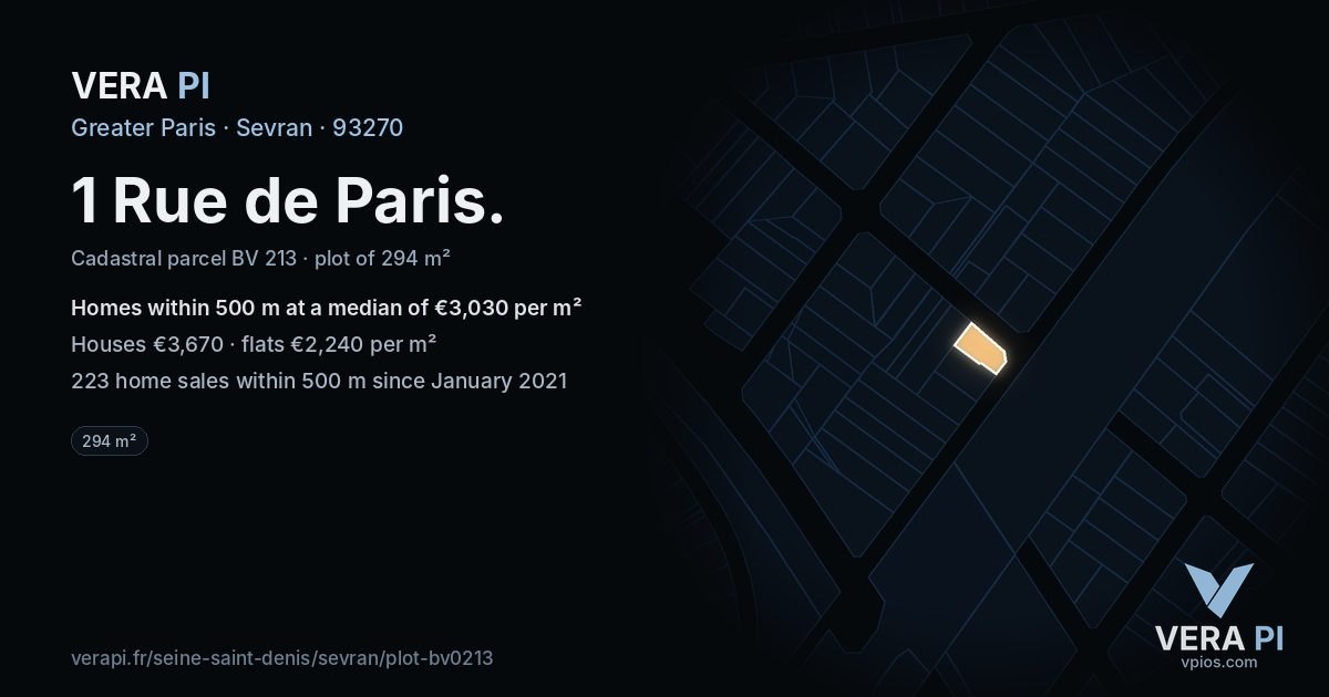 1 Rue de Paris, Sevran at night – the plot lit, the parcels around coloured by the prices near them