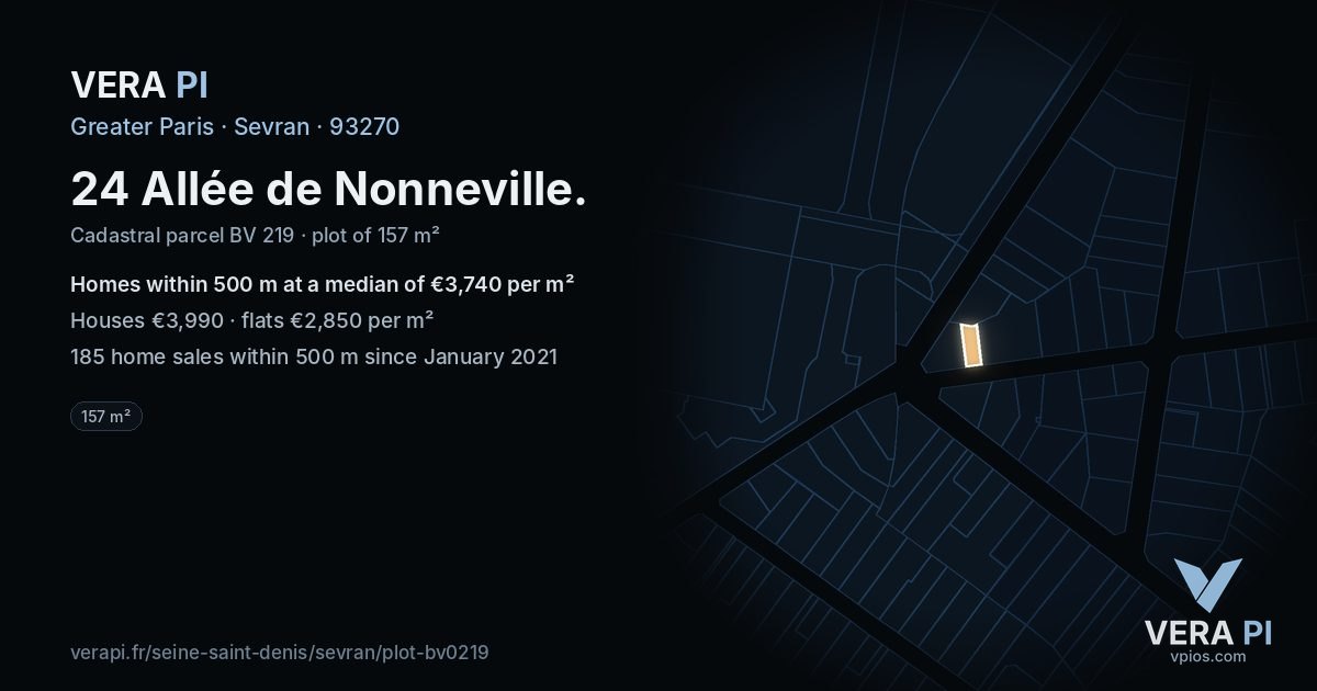 24 Allée de Nonneville, Sevran at night – the plot lit, the parcels around coloured by the prices near them