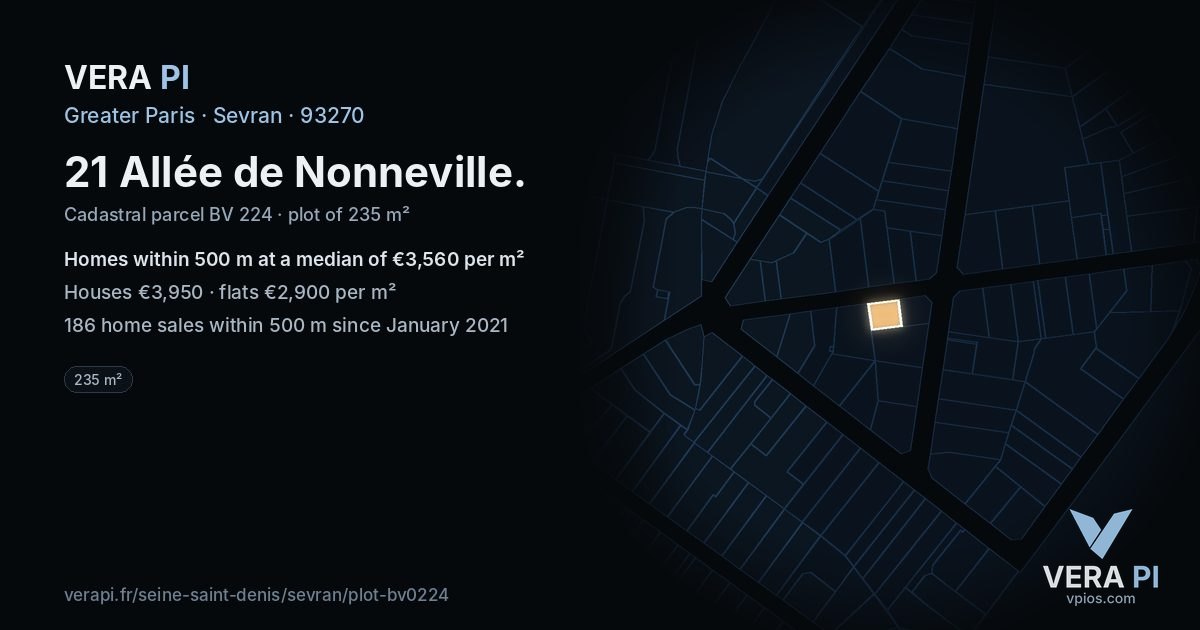 21 Allée de Nonneville, Sevran at night – the plot lit, the parcels around coloured by the prices near them