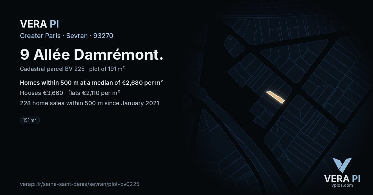 9 Allée Damrémont, Sevran at night – the plot lit, the parcels around coloured by the prices near them