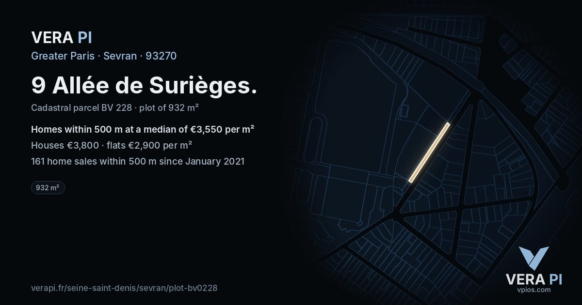 9 Allée de Surièges, Sevran at night – the plot lit, the parcels around coloured by the prices near them