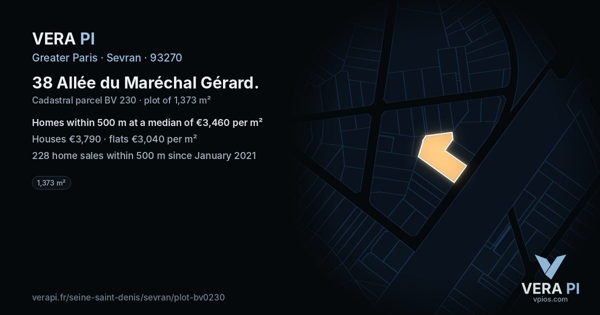 38 Allée du Maréchal Gérard, Sevran at night – the plot lit, the parcels around coloured by the prices near them