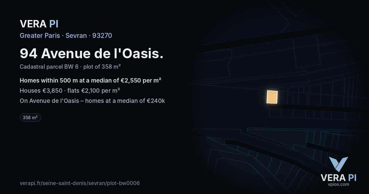 94 Avenue de l'Oasis, Sevran at night – the plot lit, the parcels around coloured by the prices near them