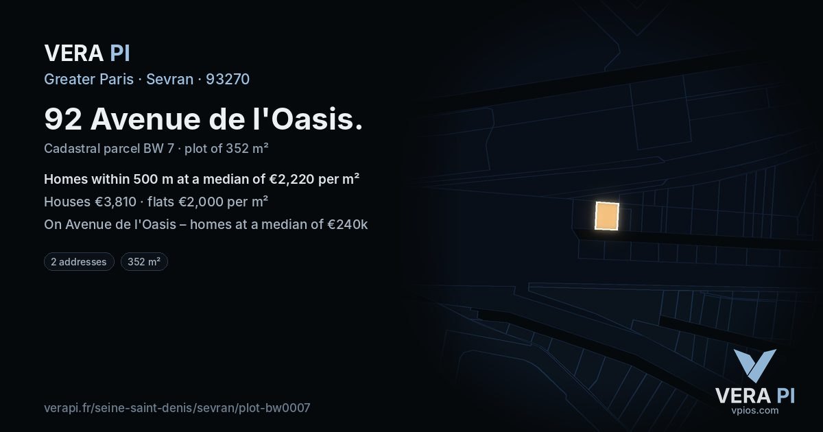 92 Avenue de l'Oasis, Sevran at night – the plot lit, the parcels around coloured by the prices near them