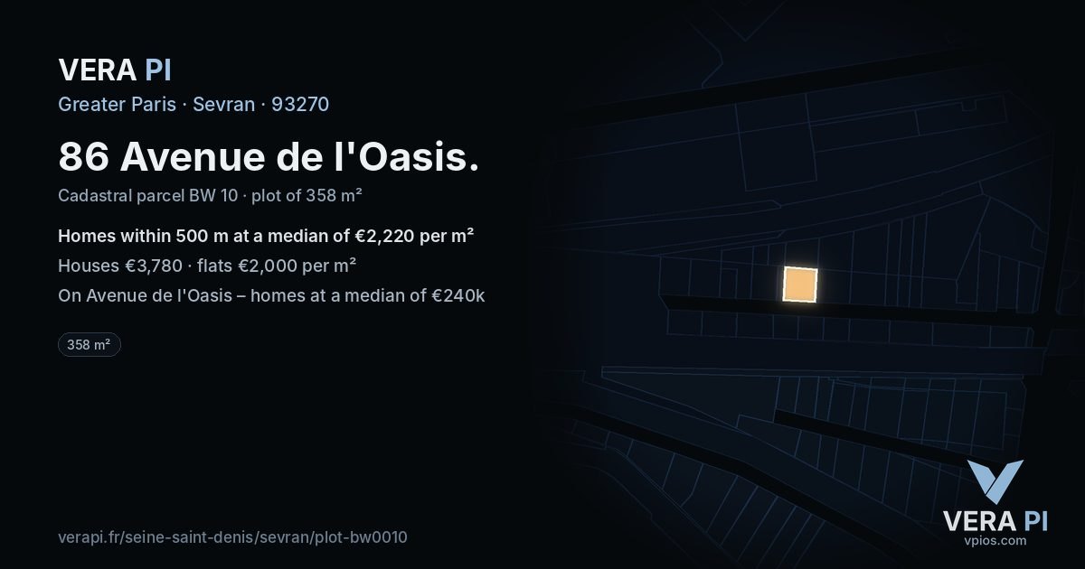 86 Avenue de l'Oasis, Sevran at night – the plot lit, the parcels around coloured by the prices near them