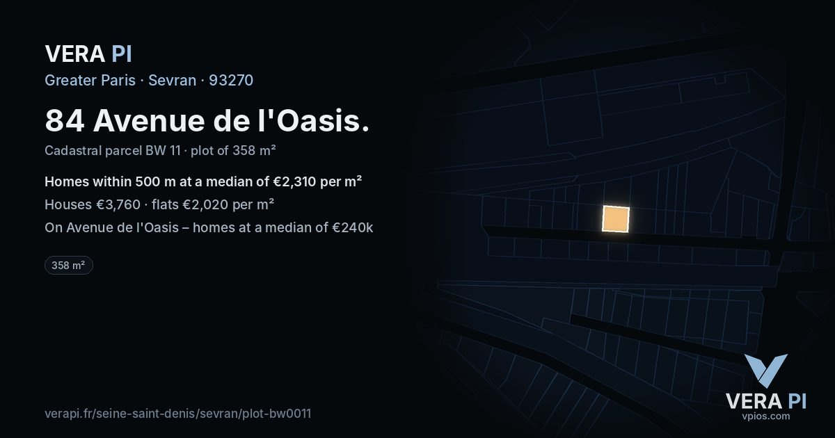 84 Avenue de l'Oasis, Sevran at night – the plot lit, the parcels around coloured by the prices near them