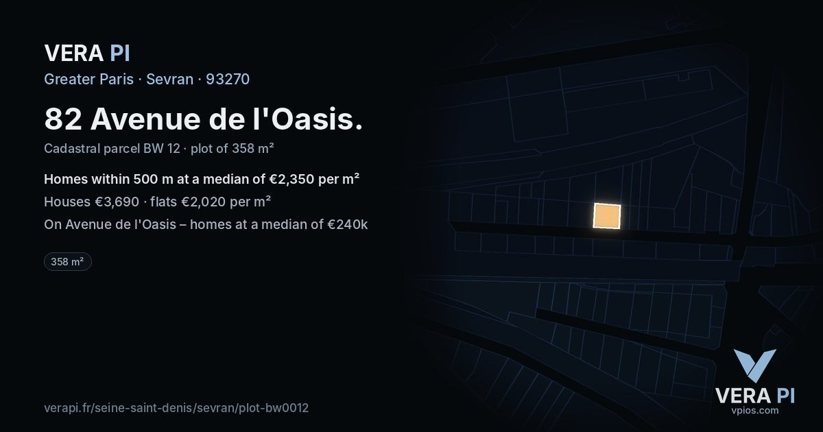 82 Avenue de l'Oasis, Sevran at night – the plot lit, the parcels around coloured by the prices near them