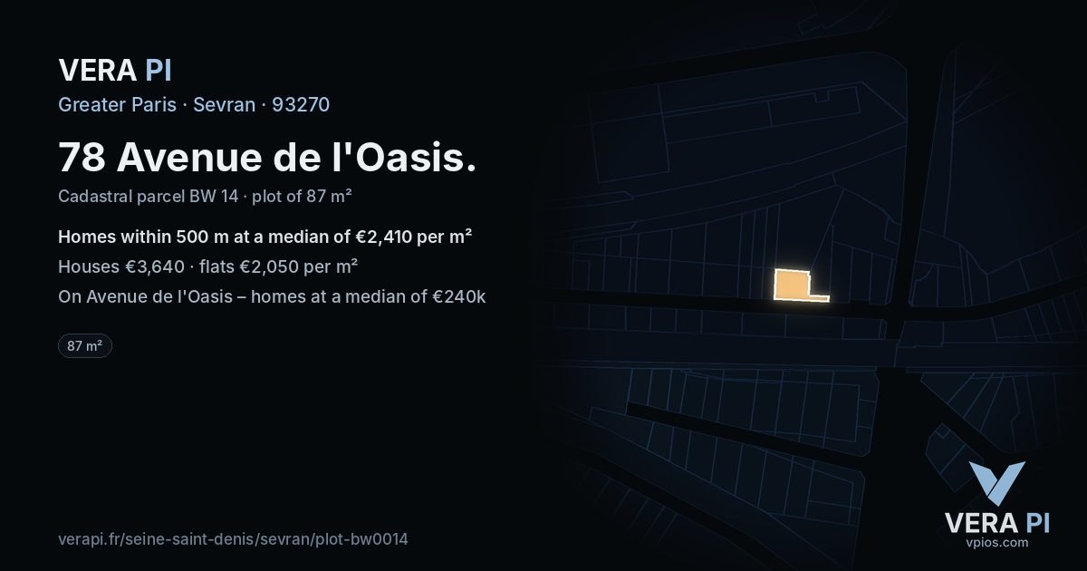 78 Avenue de l'Oasis, Sevran at night – the plot lit, the parcels around coloured by the prices near them