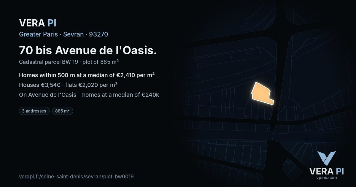 70 bis Avenue de l'Oasis, Sevran at night – the plot lit, the parcels around coloured by the prices near them