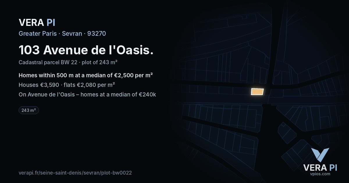103 Avenue de l'Oasis, Sevran at night – the plot lit, the parcels around coloured by the prices near them