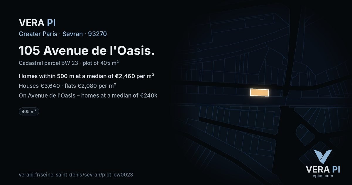 105 Avenue de l'Oasis, Sevran at night – the plot lit, the parcels around coloured by the prices near them