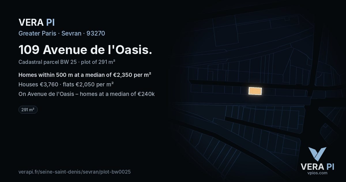 109 Avenue de l'Oasis, Sevran at night – the plot lit, the parcels around coloured by the prices near them
