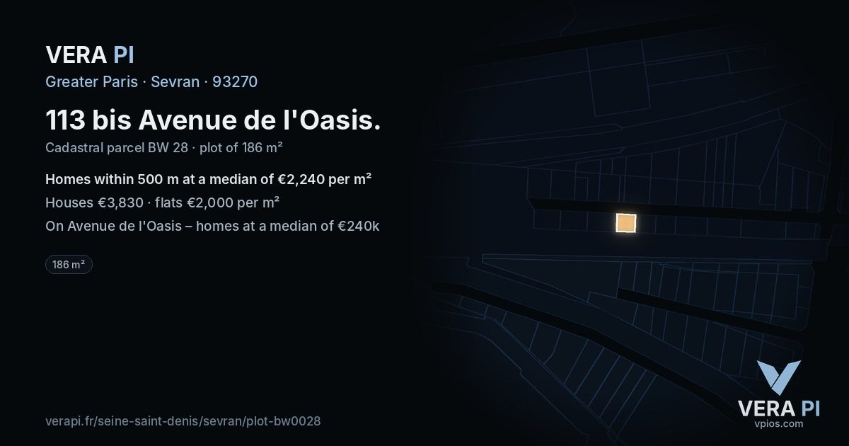 113 bis Avenue de l'Oasis, Sevran at night – the plot lit, the parcels around coloured by the prices near them