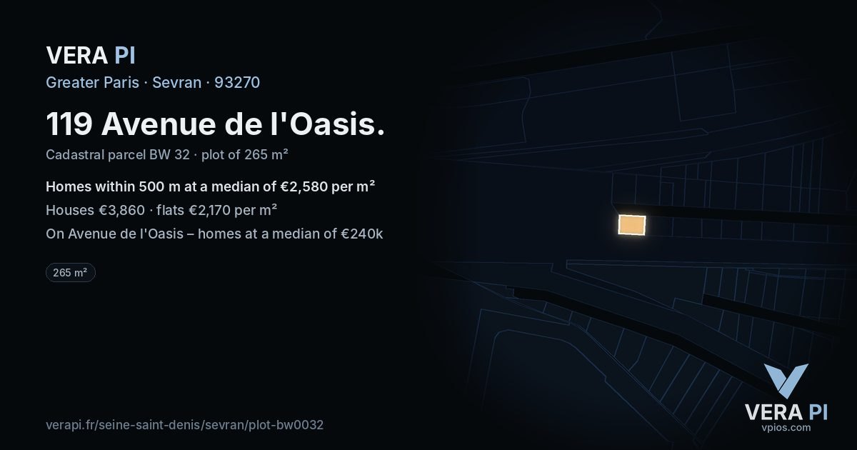 119 Avenue de l'Oasis, Sevran at night – the plot lit, the parcels around coloured by the prices near them