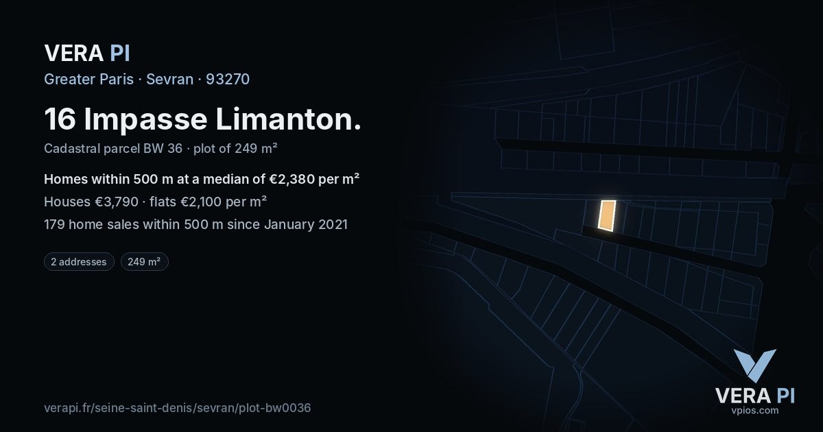 16 Impasse Limanton, Sevran at night – the plot lit, the parcels around coloured by the prices near them