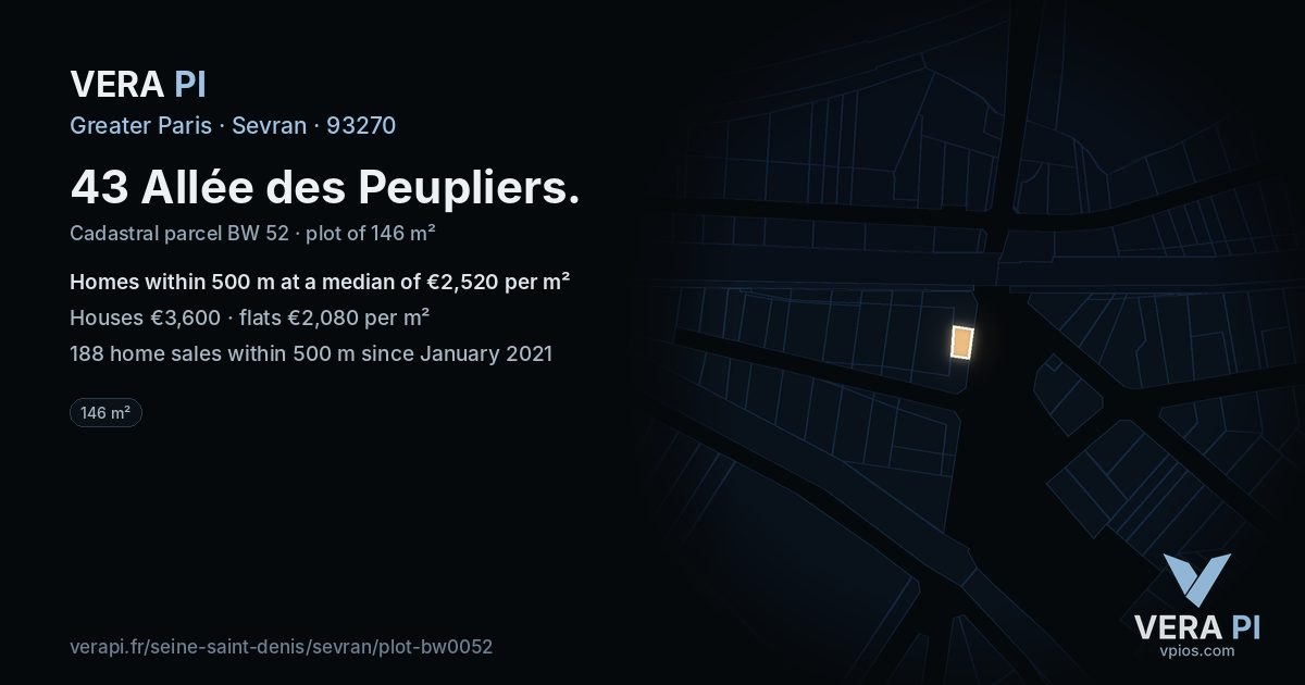 43 Allée des Peupliers, Sevran at night – the plot lit, the parcels around coloured by the prices near them