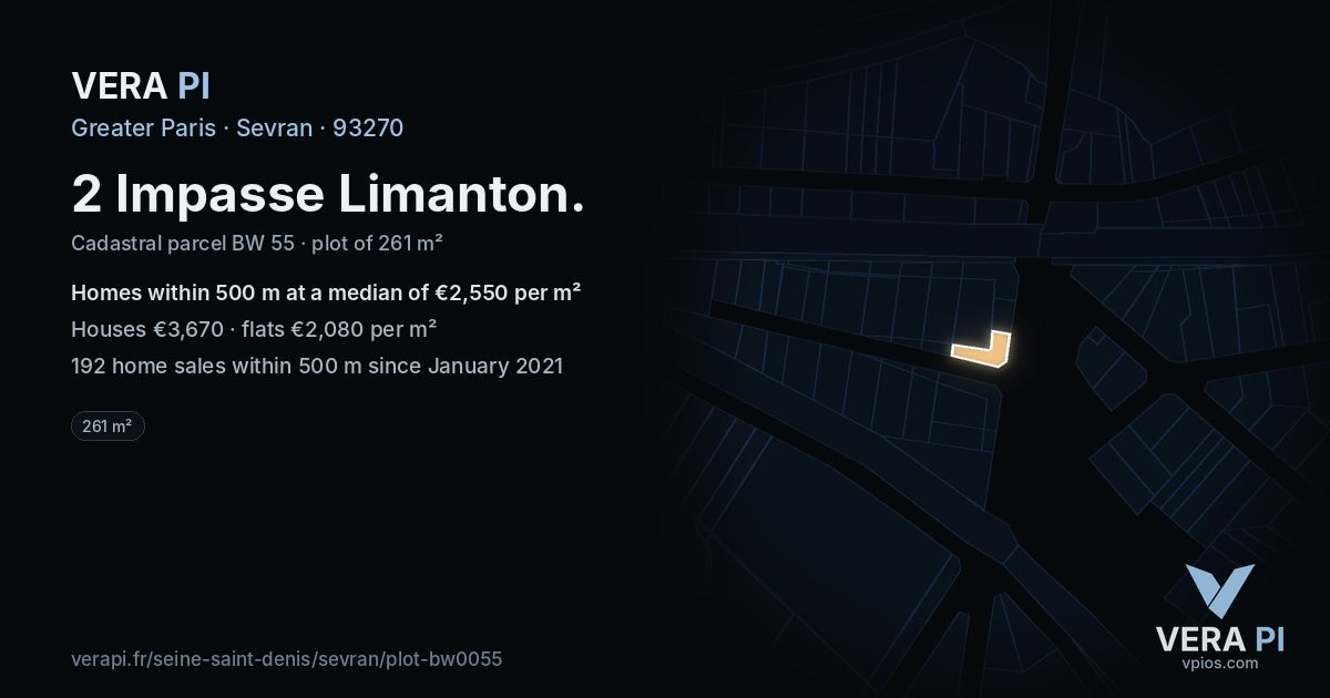 2 Impasse Limanton, Sevran at night – the plot lit, the parcels around coloured by the prices near them