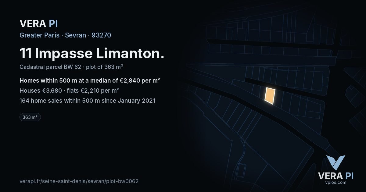 11 Impasse Limanton, Sevran at night – the plot lit, the parcels around coloured by the prices near them