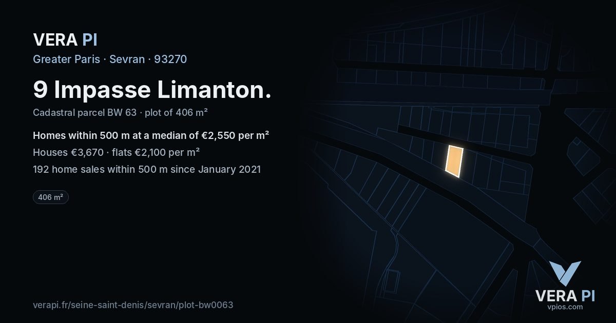 9 Impasse Limanton, Sevran at night – the plot lit, the parcels around coloured by the prices near them