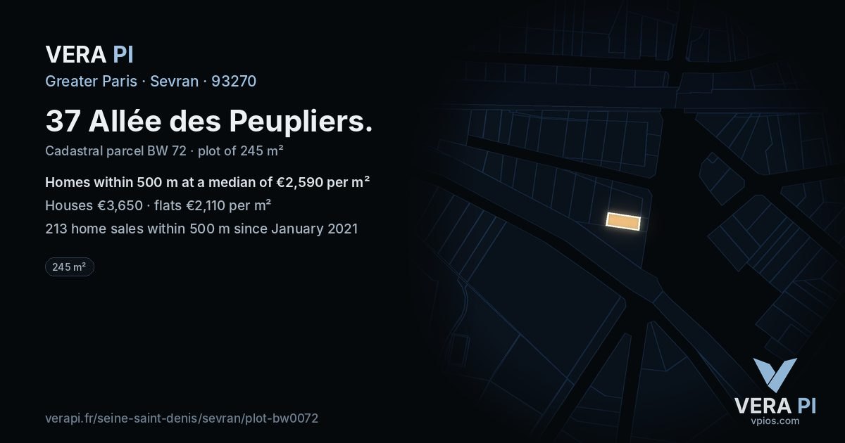 37 Allée des Peupliers, Sevran at night – the plot lit, the parcels around coloured by the prices near them