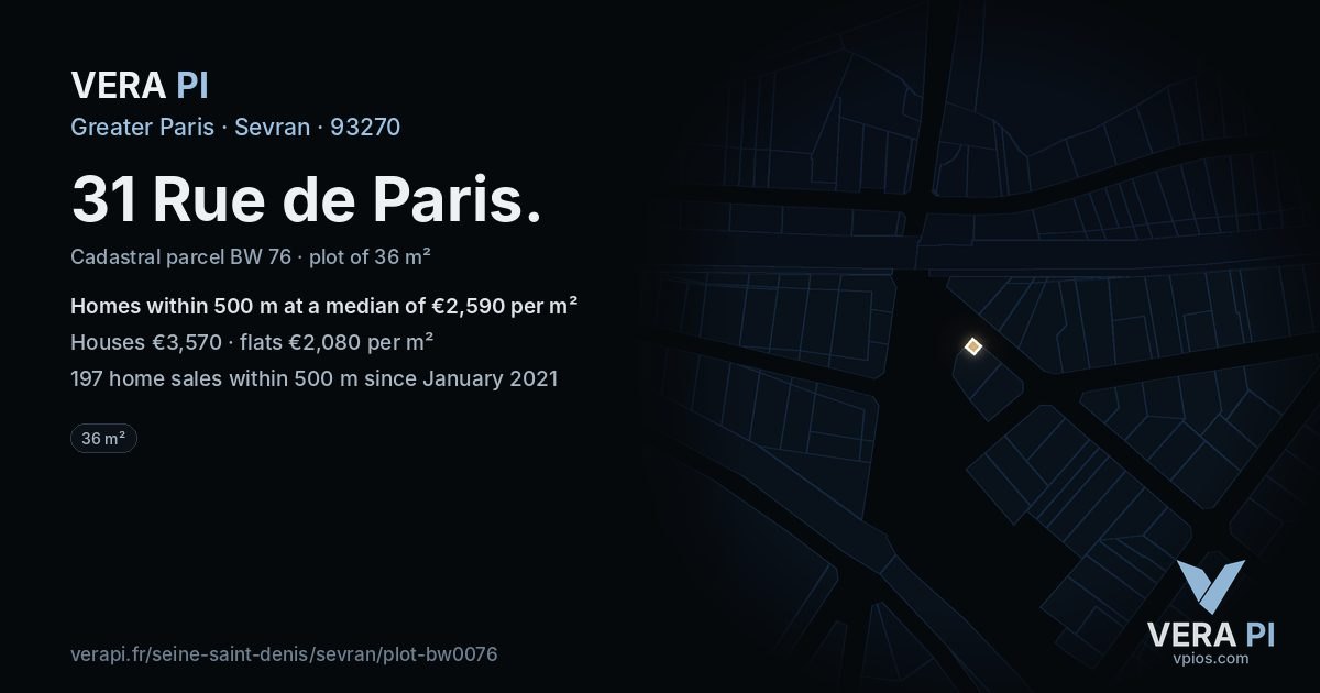 31 Rue de Paris, Sevran at night – the plot lit, the parcels around coloured by the prices near them