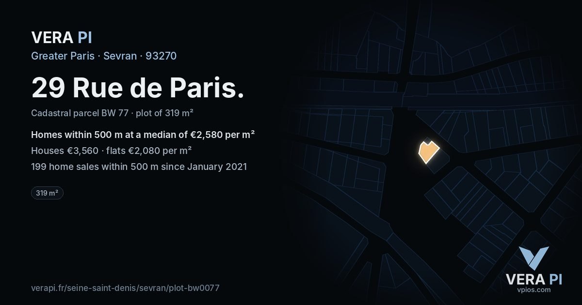 29 Rue de Paris, Sevran at night – the plot lit, the parcels around coloured by the prices near them