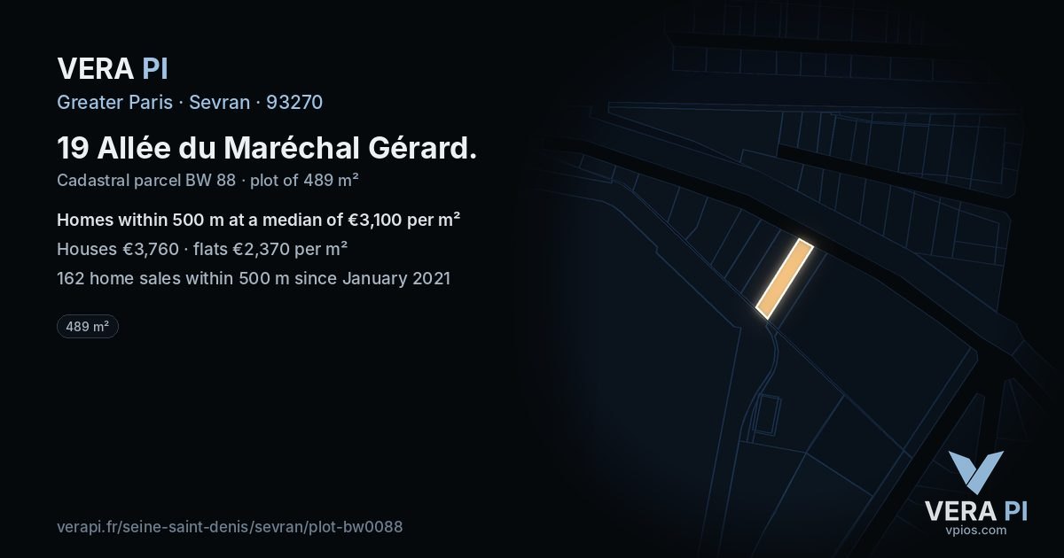 19 Allée du Maréchal Gérard, Sevran at night – the plot lit, the parcels around coloured by the prices near them