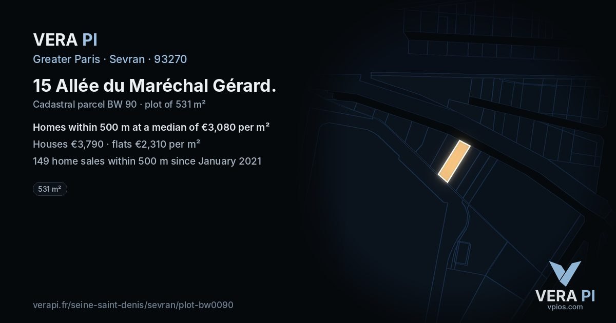15 Allée du Maréchal Gérard, Sevran at night – the plot lit, the parcels around coloured by the prices near them