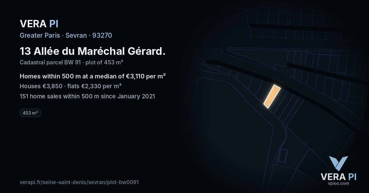 13 Allée du Maréchal Gérard, Sevran at night – the plot lit, the parcels around coloured by the prices near them