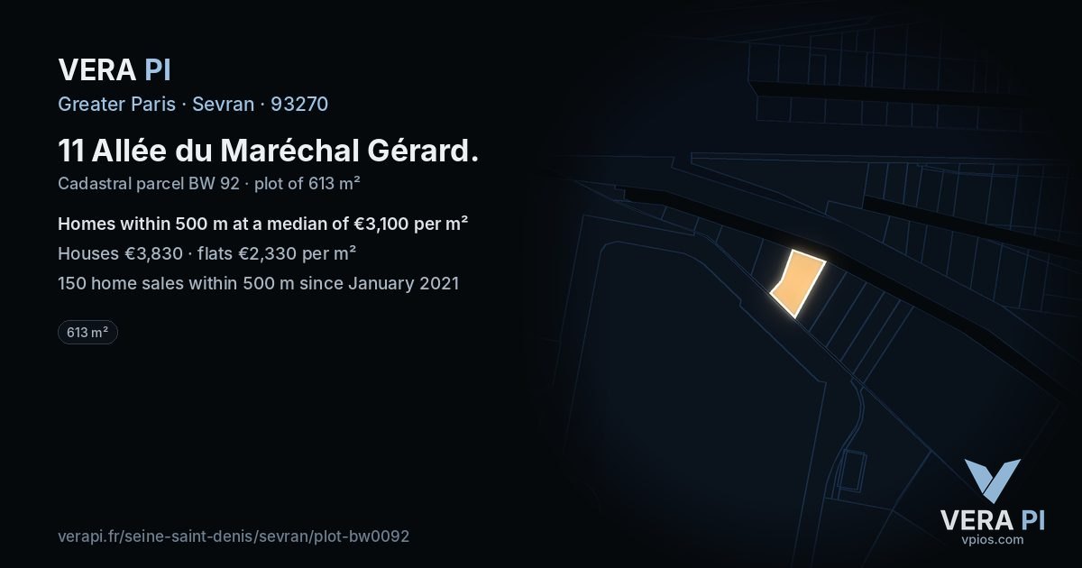 11 Allée du Maréchal Gérard, Sevran at night – the plot lit, the parcels around coloured by the prices near them