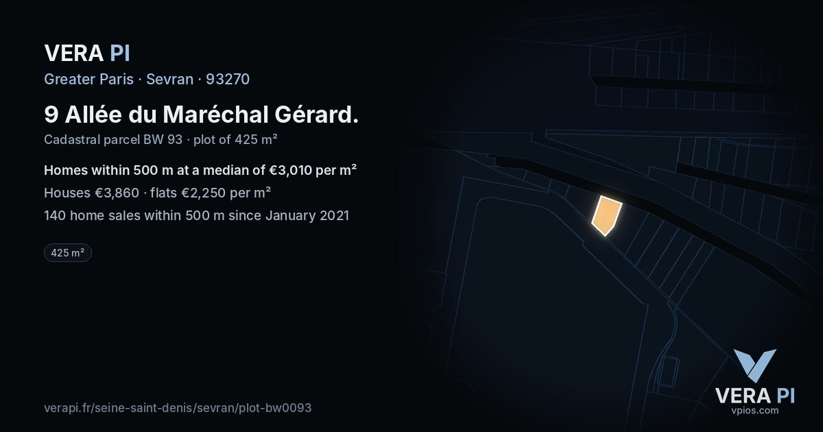 9 Allée du Maréchal Gérard, Sevran at night – the plot lit, the parcels around coloured by the prices near them