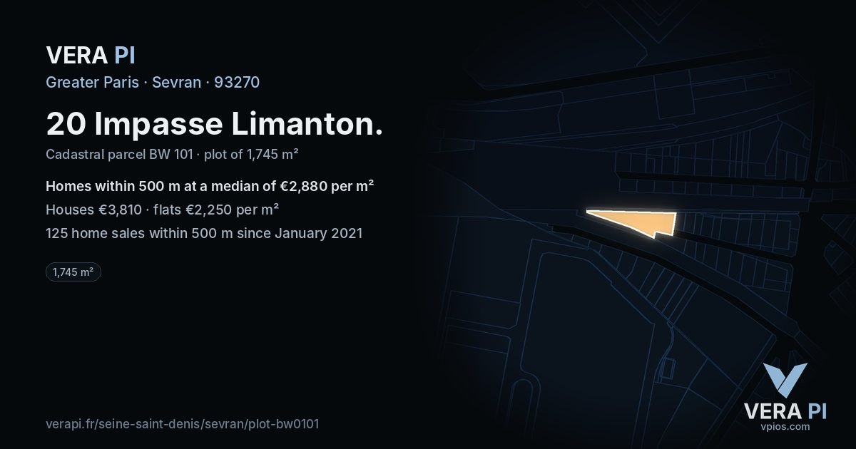 20 Impasse Limanton, Sevran at night – the plot lit, the parcels around coloured by the prices near them