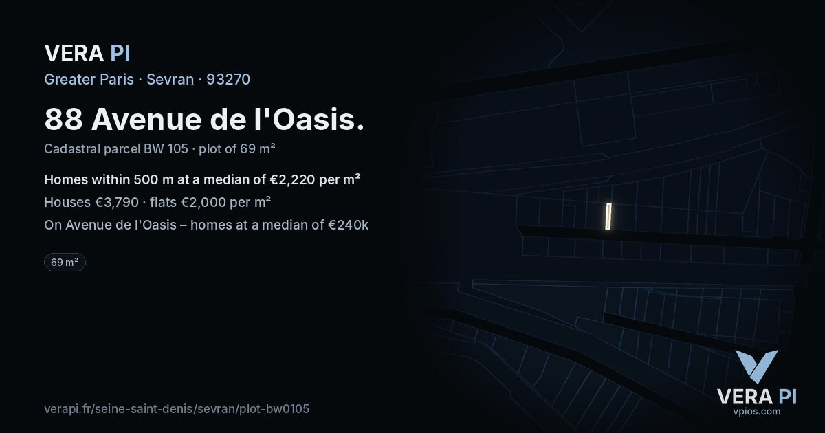 88 Avenue de l'Oasis, Sevran at night – the plot lit, the parcels around coloured by the prices near them