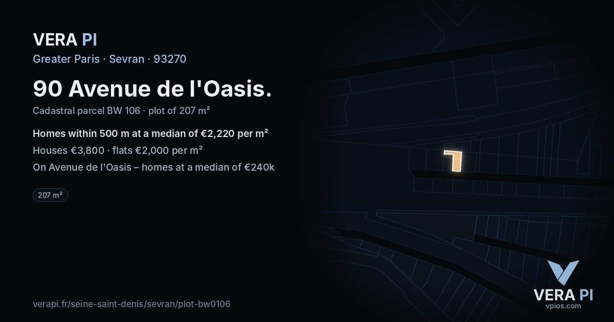 90 Avenue de l'Oasis, Sevran at night – the plot lit, the parcels around coloured by the prices near them