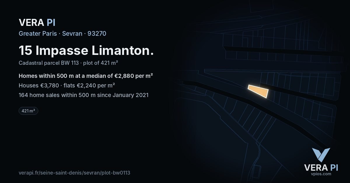 15 Impasse Limanton, Sevran at night – the plot lit, the parcels around coloured by the prices near them
