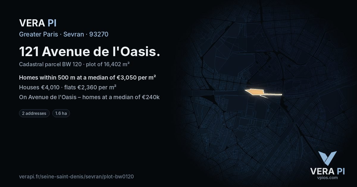 121 Avenue de l'Oasis, Sevran at night – the plot lit, the parcels around coloured by the prices near them