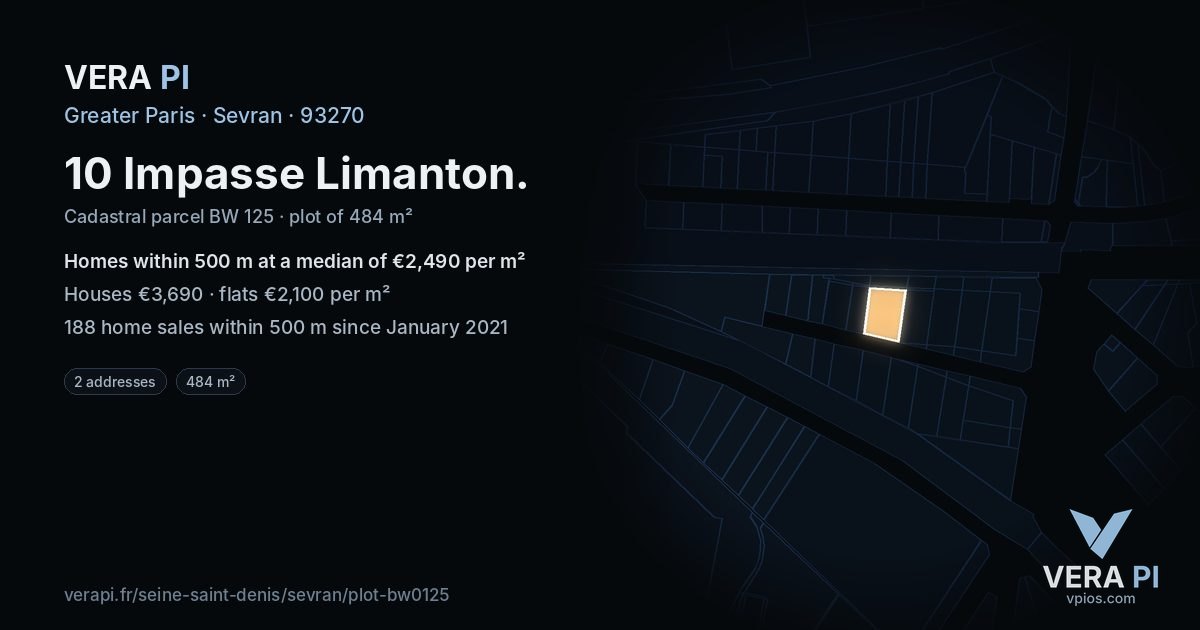 10 Impasse Limanton, Sevran at night – the plot lit, the parcels around coloured by the prices near them